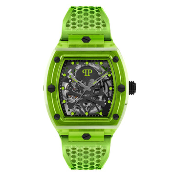 Philipp Plein skeleton crystal 44mm watch featuring green bio TPU strap available at Lestyle Boutique Melbourne
