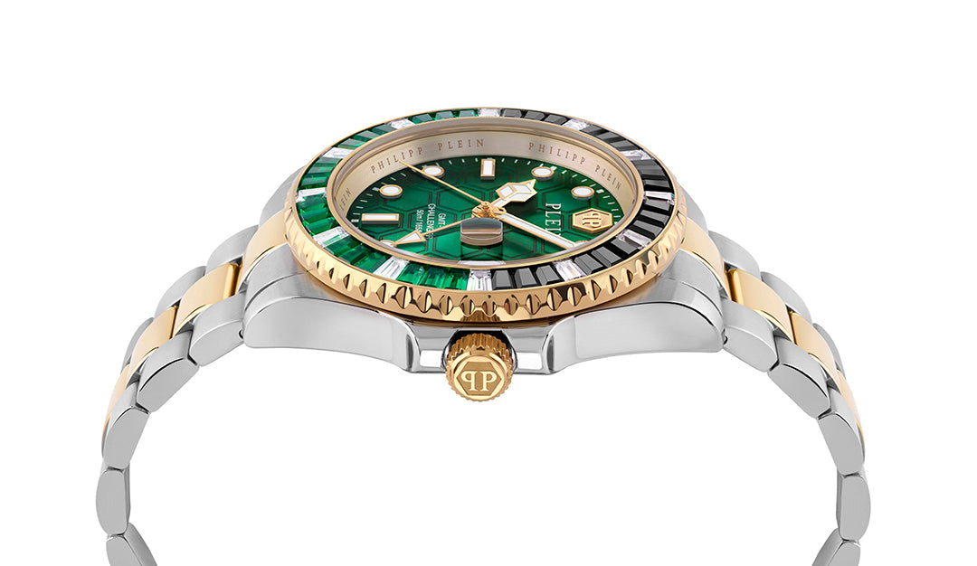 Philipp Plein GMT-I Challenger Baguettes watch with green dial and crystal accents available at Lestyle Boutique Melbourne
