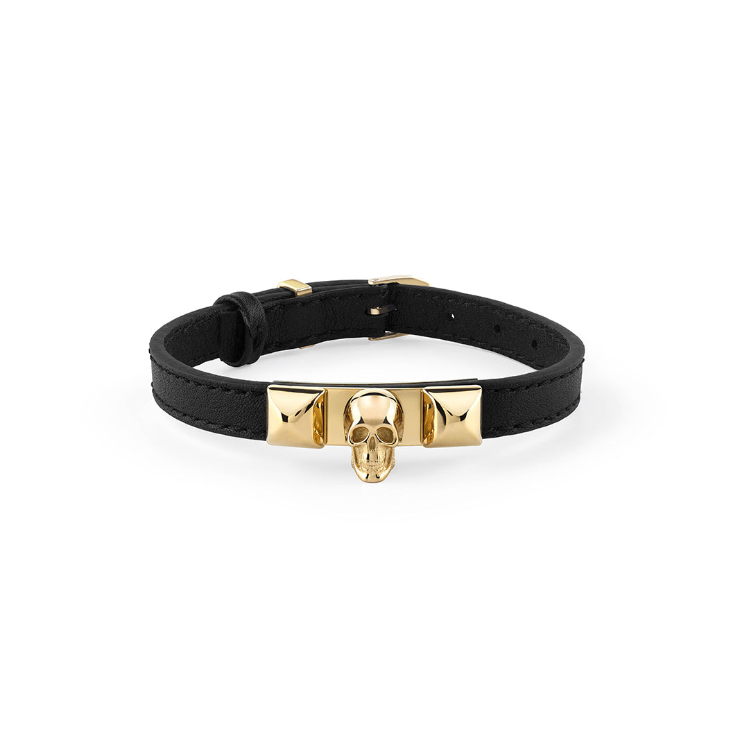 Philipp Plein skull leather bracelet featuring yellow gold accents available at Lestyle Boutique Melbourne