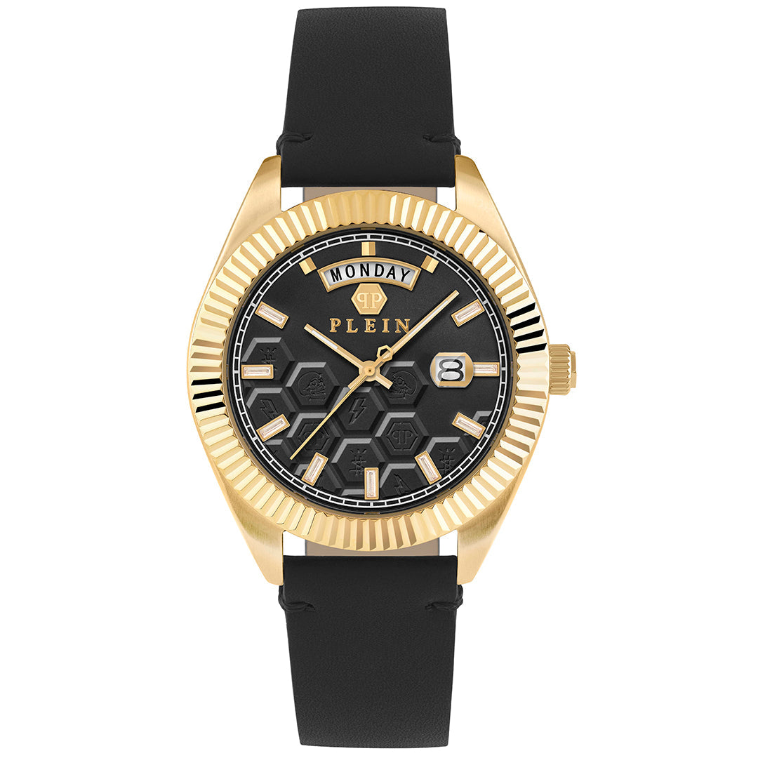 Philipp Plein date superlative gent watch with black dial and 42mm gold case available at Lestyle Boutique Melbourne