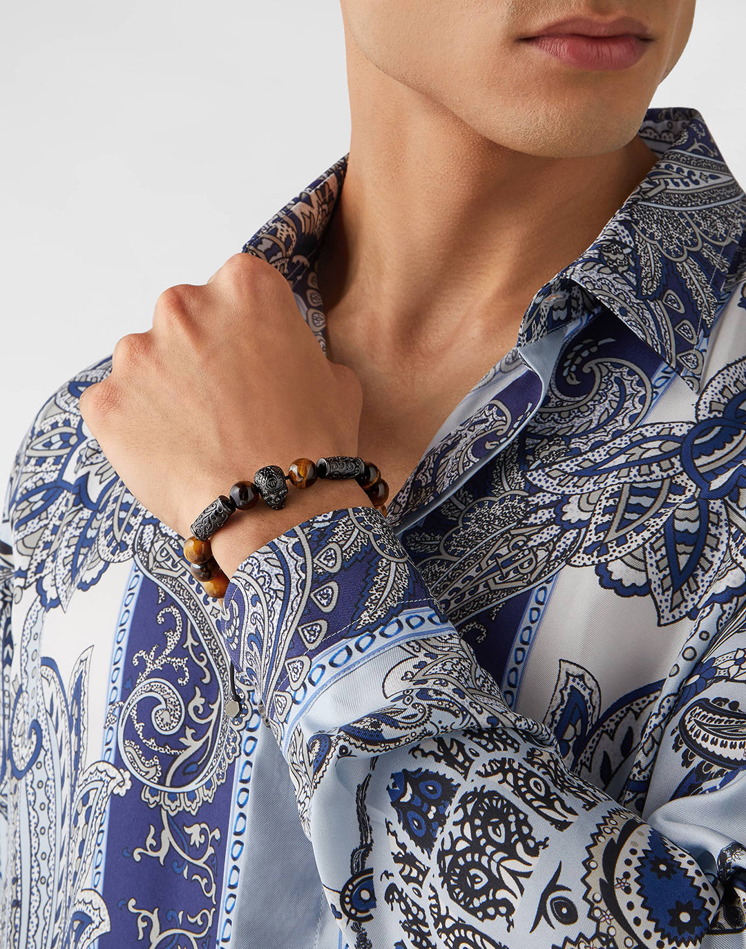 Plein Elite IP Gun tiger eye bracelet featuring a skull and onyx beads available at Lestyle Boutique Melbourne