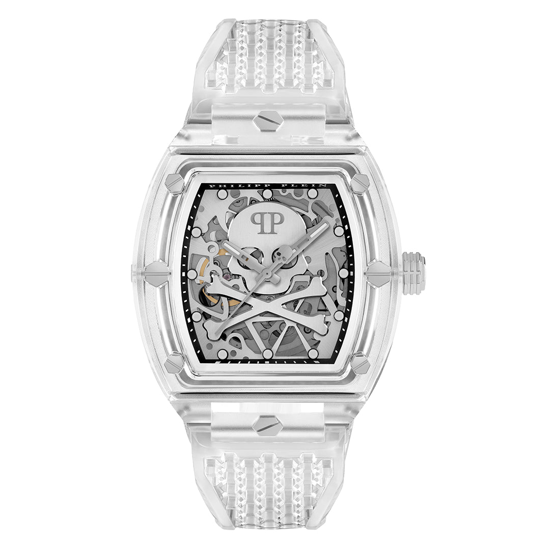 Philipp Plein Skeleton Crystal watch featuring a transparent case and band available at Lestyle Boutique Melbourne