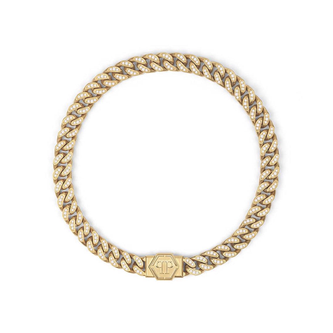 Philipp Plein Hexagon line necklace featuring white crystals and brushed gold plating available at Lestyle Boutique Melbourne