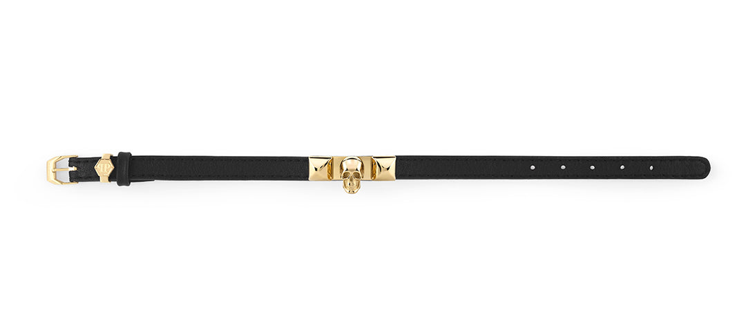 Philipp Plein skull leather bracelet featuring yellow gold accents available at Lestyle Boutique Melbourne