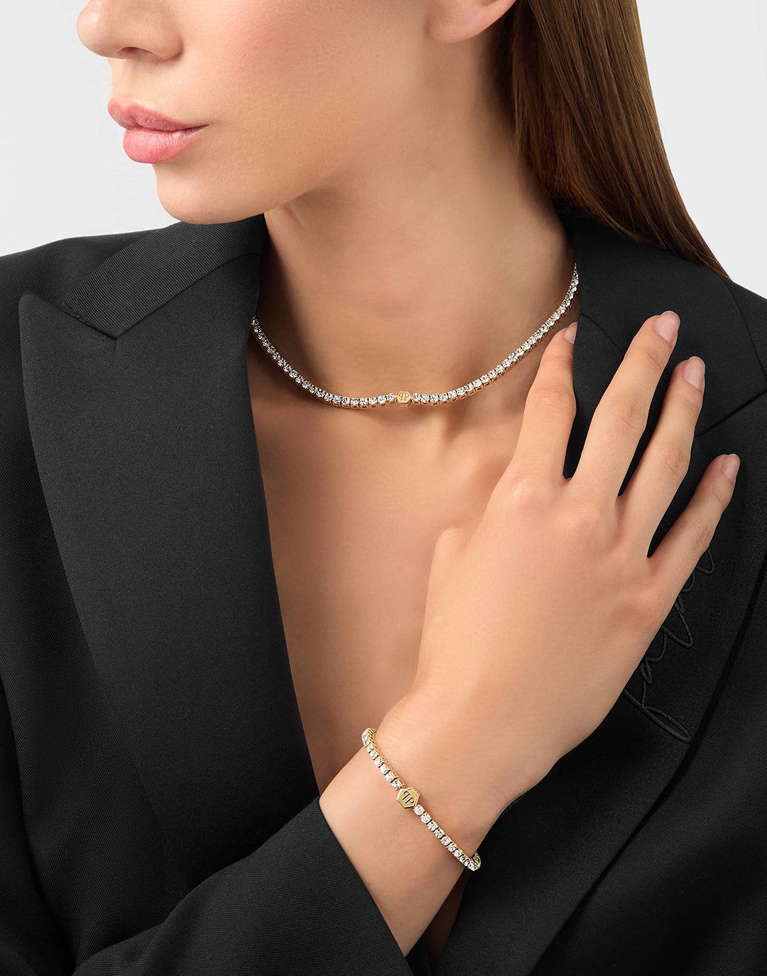 Plein Tennis IP Yellow gold White crystals 3D hexagon necklace available at Lestyle Boutique Melbourne