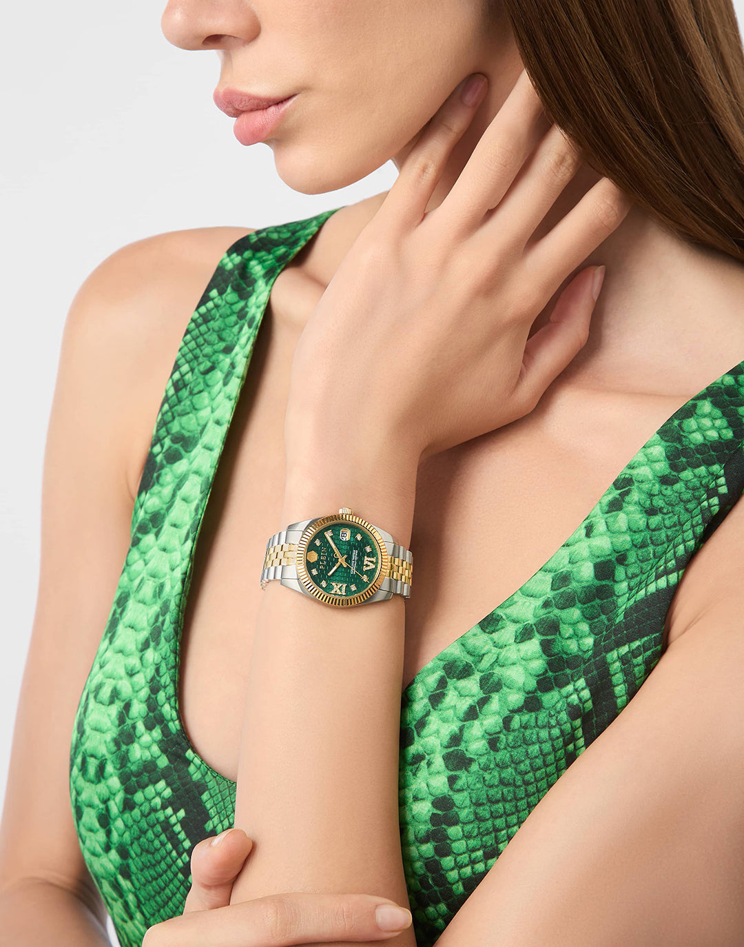 Plein Date Superlative watch featuring green dial and crystal details available at Lestyle Boutique Melbourne