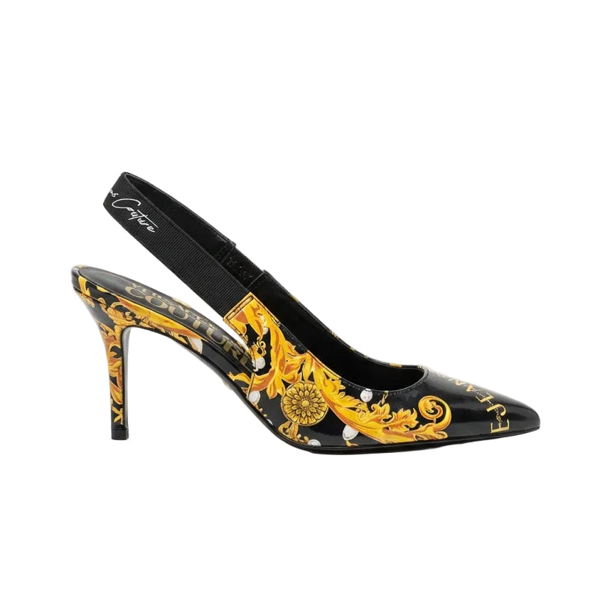 Versace Jeans Couture women’s pointed toe pumps featuring bold baroque print available at Lestyle Boutique Melbourne