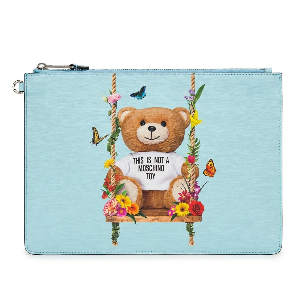 Moschino clutch bag featuring teddy bear and colorful details available at Lestyle Boutique Melbourne