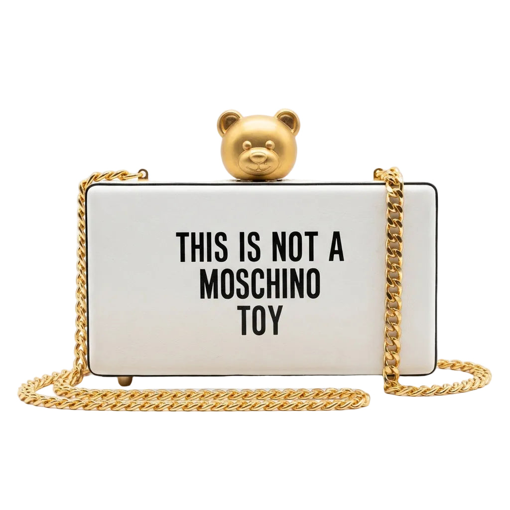 Moschino teddy bear bag featuring humorous statement, available at Lestyle Boutique Melbourne