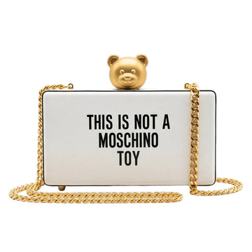 Moschino teddy bear bag featuring humorous statement, available at Lestyle Boutique Melbourne