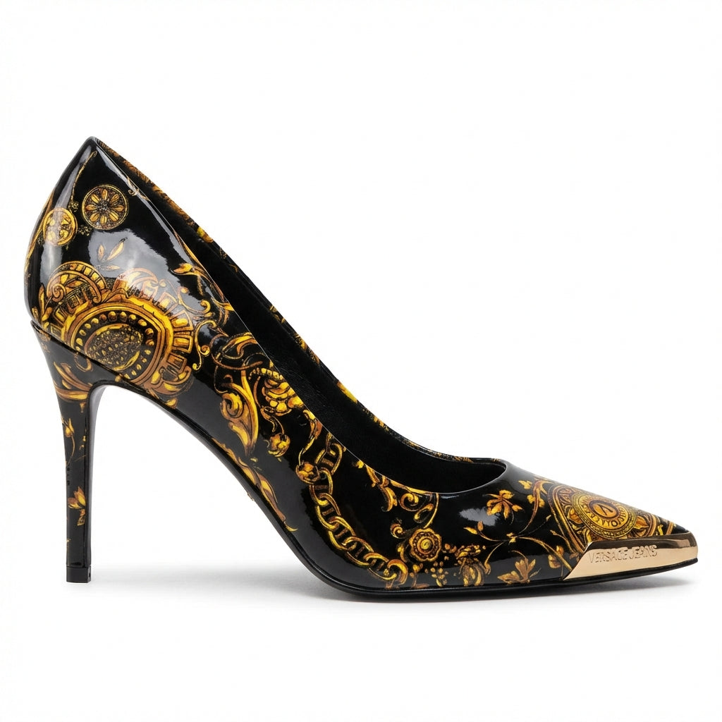 Versace Jeans Couture women's shoe featuring ornate gold and black design available at Lestyle Boutique Melbourne