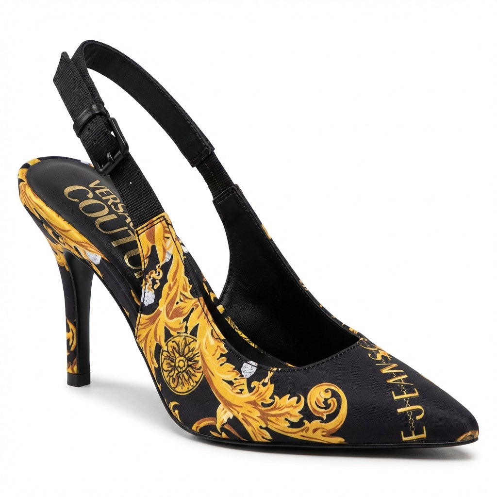 Versace Jeans Couture women’s pointed toe pumps featuring bold baroque print available at Lestyle Boutique Melbourne