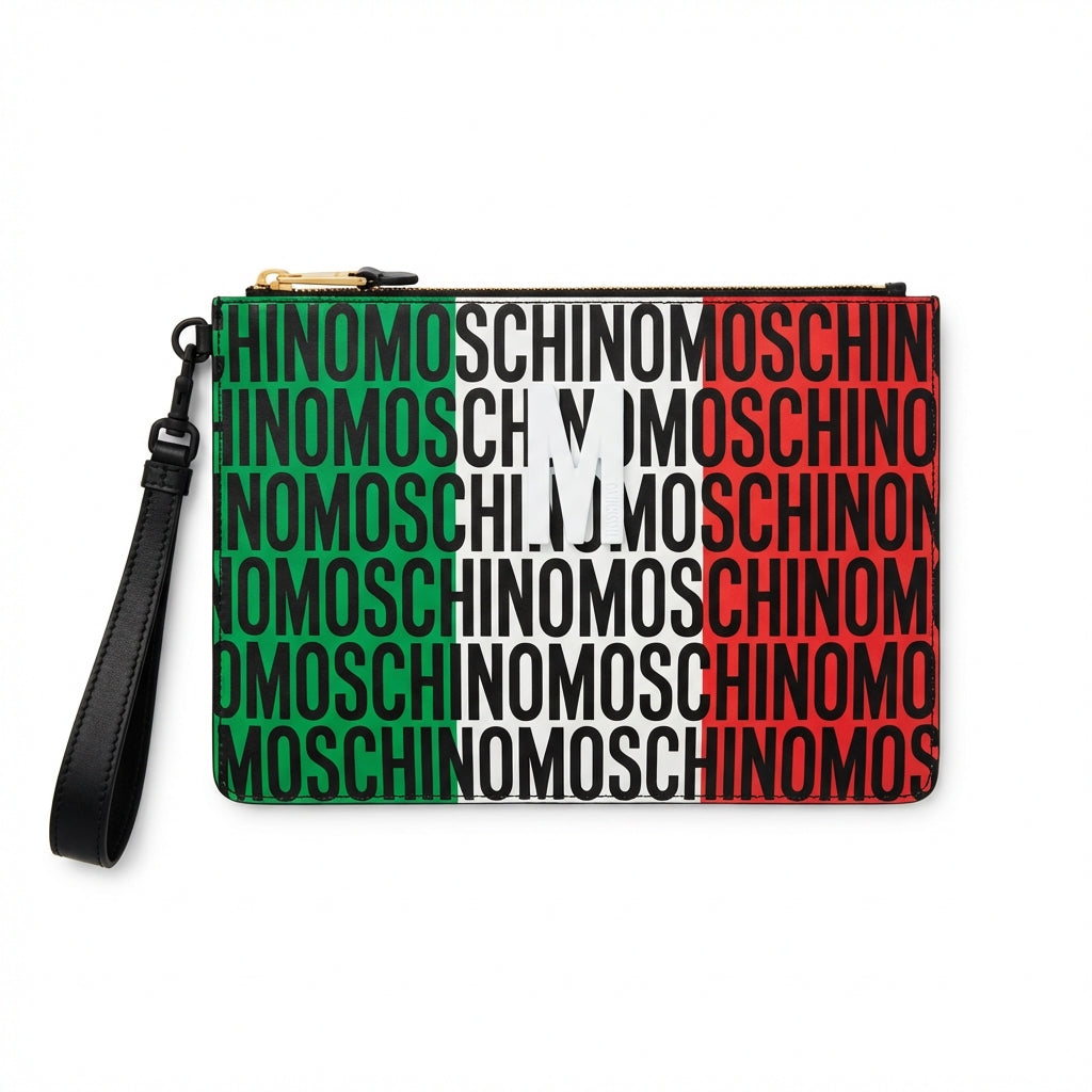 Moschino clutch bag featuring a colorful logo pattern available at Lestyle Boutique Melbourne