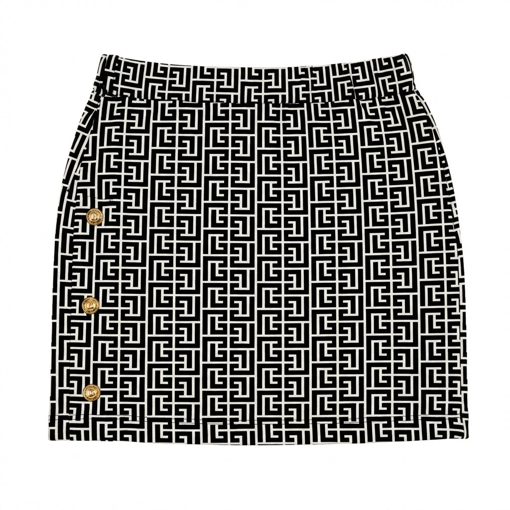 Balmain skirt featuring a geometric pattern with gold buttons available at Lestyle Boutique Melbourne