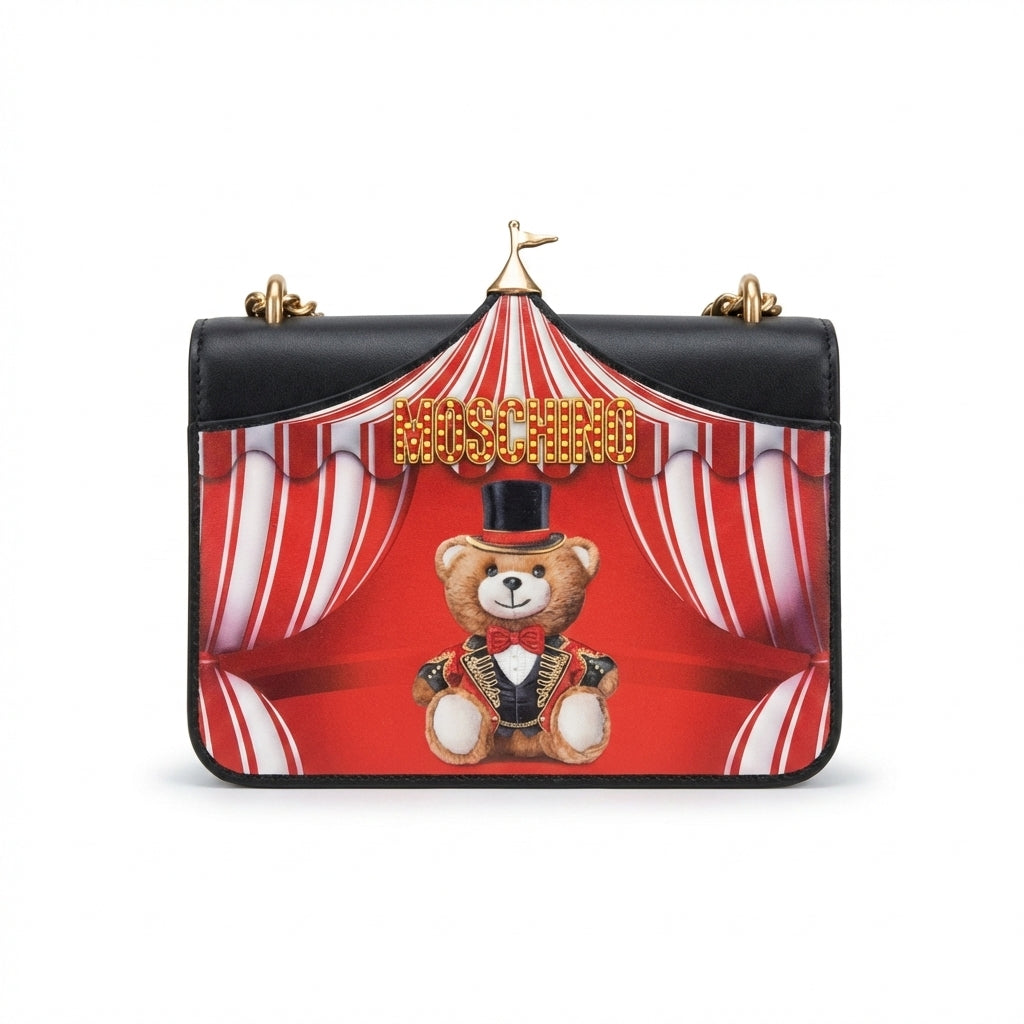 Moschino bear shoulder bag with circus tent design available at Lestyle Boutique Melbourne