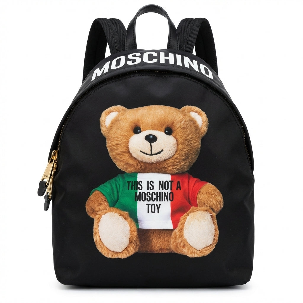 Moschino teddy bear backpack featuring graphic text available at Lestyle Boutique Melbourne