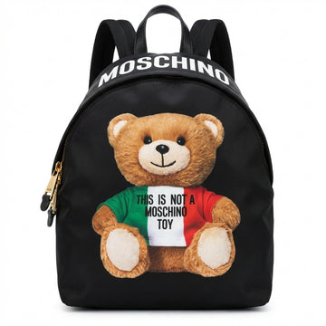 Moschino teddy bear backpack featuring graphic text available at Lestyle Boutique Melbourne