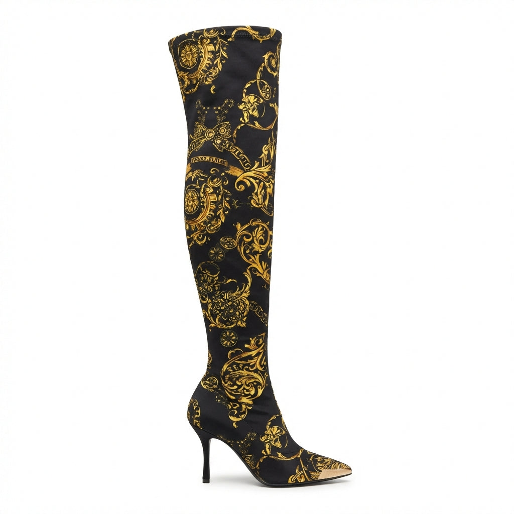 Versace Jeans Couture knee-high boot with ornate gold pattern available at Lestyle Boutique Melbourne