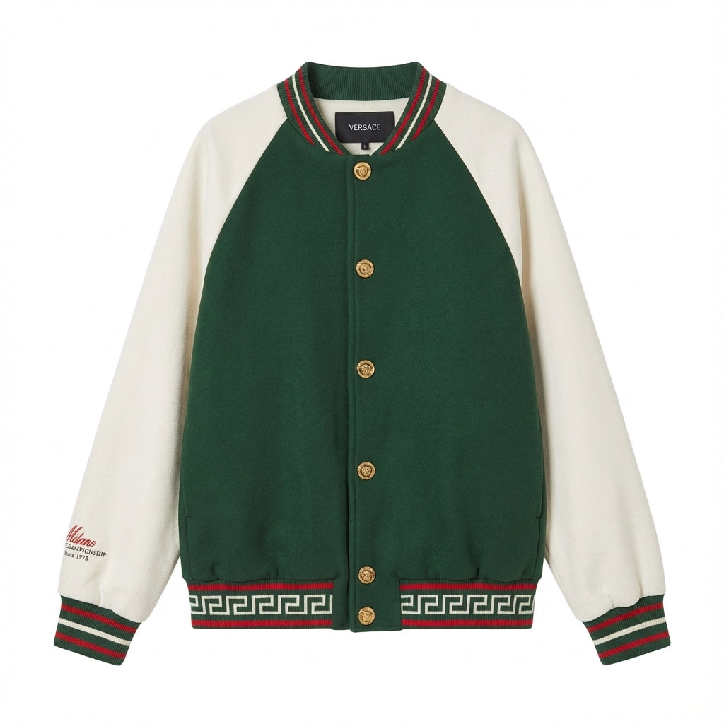 Versace jacket featuring bicolor fleece and Medusa gold logo available at Lestyle Boutique Melbourne