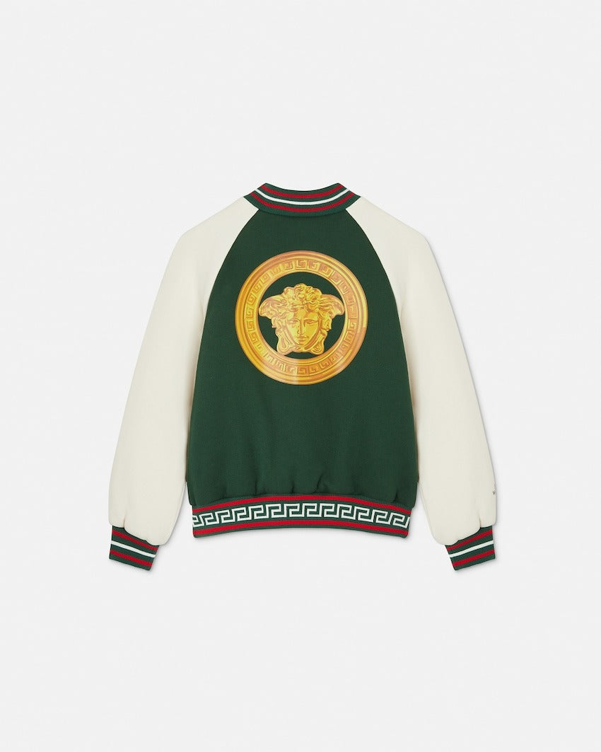 Versace jacket featuring bicolor fleece and Medusa gold logo available at Lestyle Boutique Melbourne