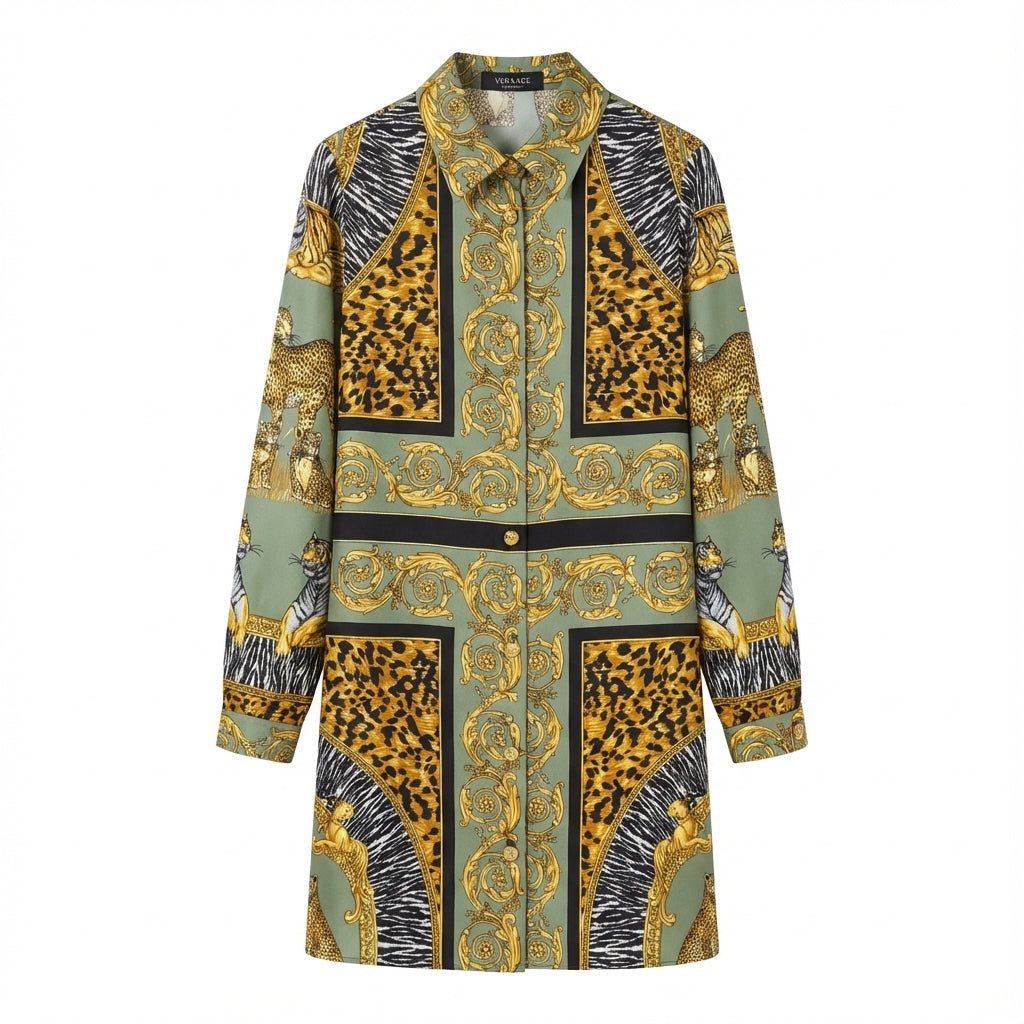 Versace dress featuring animal print and intricate baroque patterns available at Lestyle Boutique Melbourne