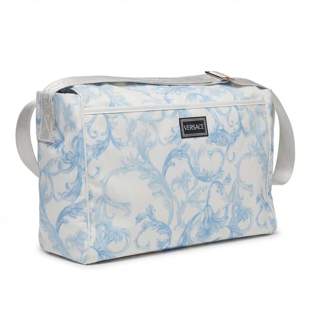 Versace changing bag featuring a white and blue floral pattern available at Lestyle Boutique Melbourne