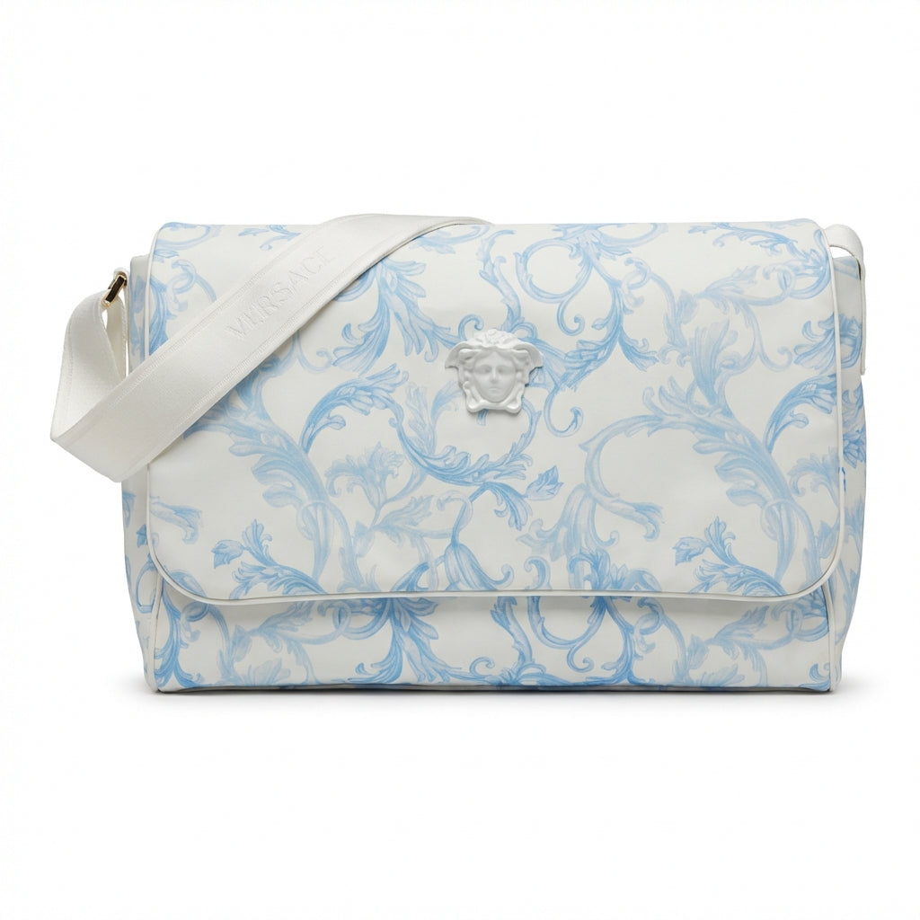 Versace changing bag featuring a white and blue floral pattern available at Lestyle Boutique Melbourne