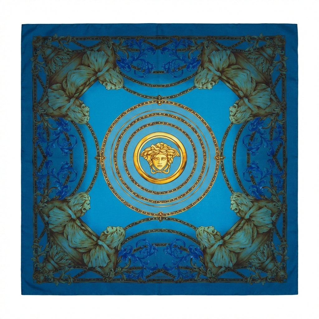 Versace silk scarf featuring intricate lion and chain design available at Lestyle Boutique Melbourne