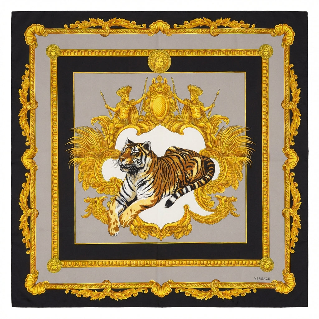 Versace silk scarf featuring a tiger and ornate design available at Lestyle Boutique Melbourne