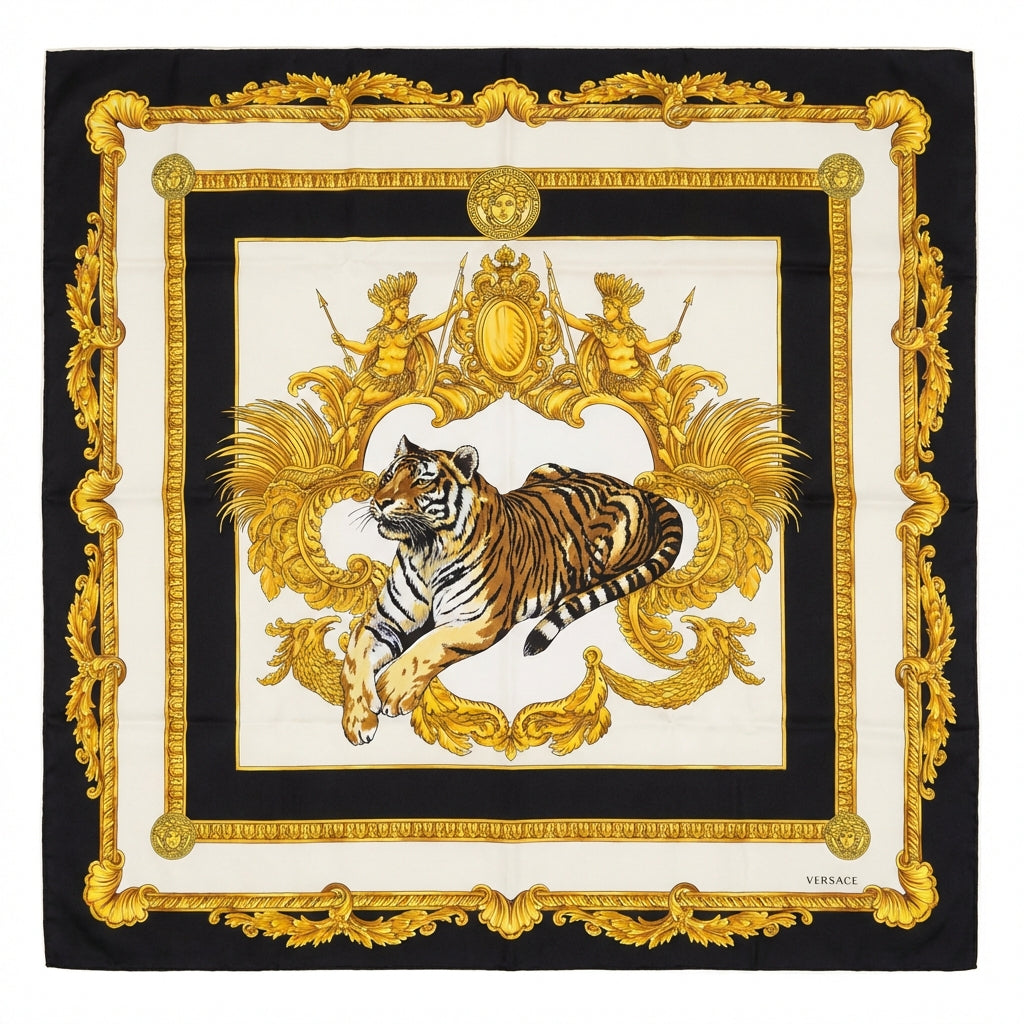Versace silk scarf featuring a tiger and ornate gold design available at Lestyle Boutique Melbourne
