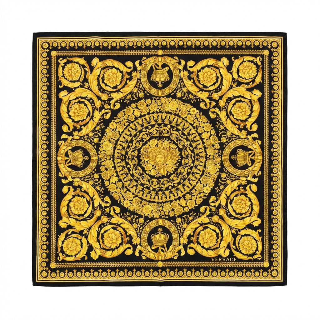 Versace hand kerchief featuring intricate gold and black design available at Lestyle Boutique Melbourne
