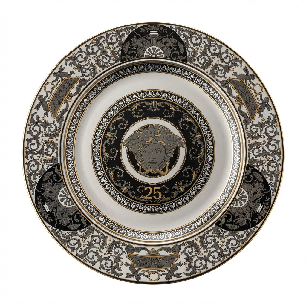 Versace 25th years Medusa Silver 22 cm plate featuring intricate gold and black detailing available at Lestyle Boutique Melbourne