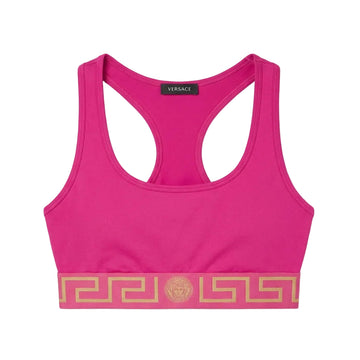 Versace sports bra featuring bold gold Greek key design available at Lestyle Boutique Melbourne