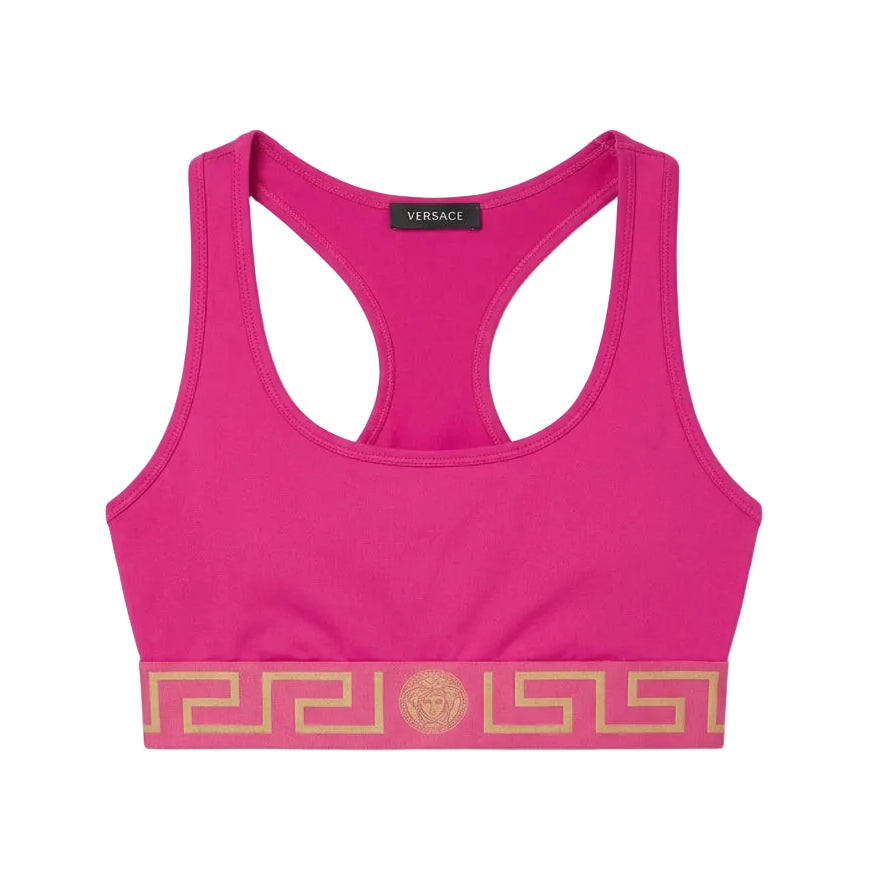 Versace sports bra featuring bold gold Greek key design available at Lestyle Boutique Melbourne