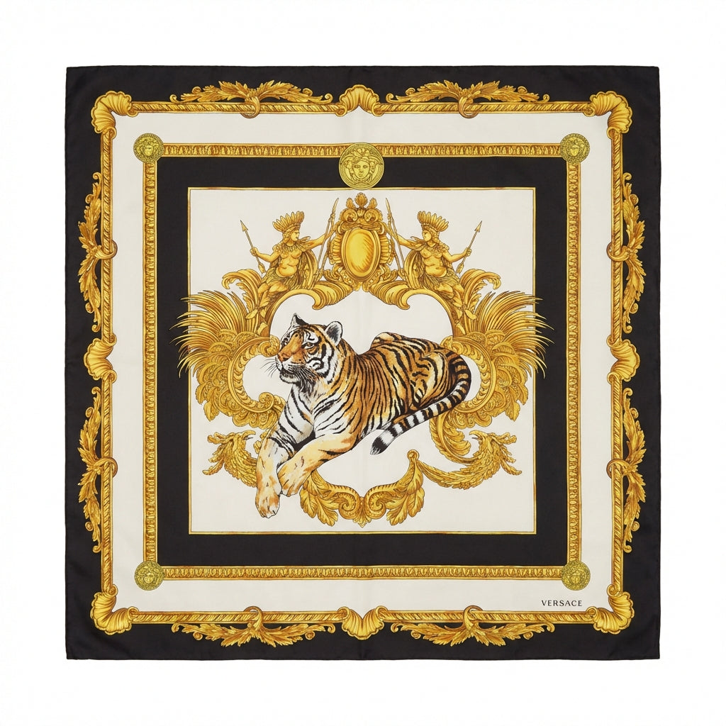 Versace silk handkerchief featuring a tiger and ornate design available at Lestyle Boutique Melbourne