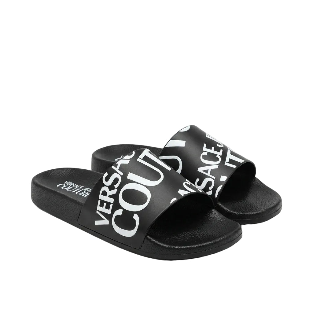 Versace Jeans Couture Fondo Slide sandals featuring embossed tonal logo lettering available at Lestyle Boutique Melbourne