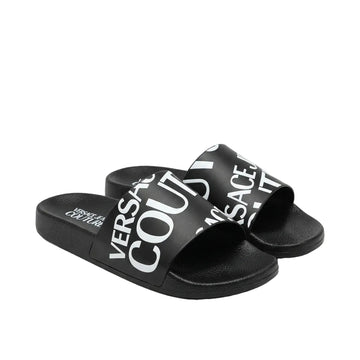 Versace Jeans Couture Fondo Slide sandals featuring embossed tonal logo lettering available at Lestyle Boutique Melbourne