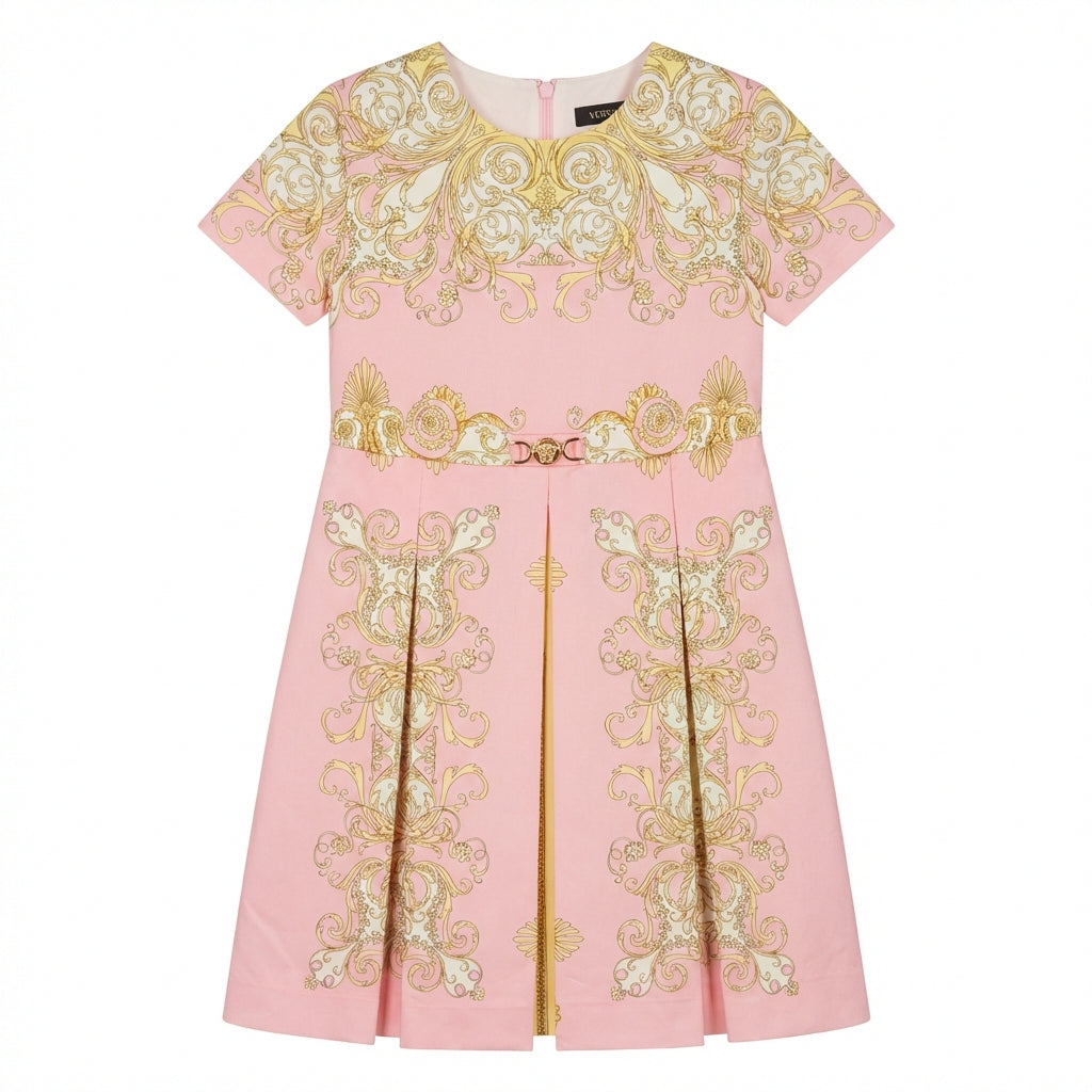 Versace printed dress for kids featuring ornate gold patterns available at Lestyle Boutique Melbourne
