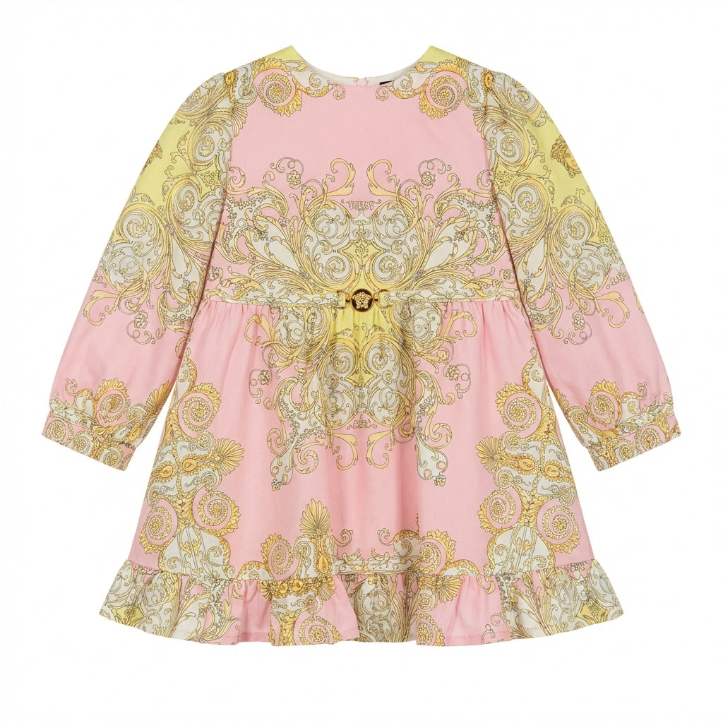 Versace printed dress featuring baroque gold pattern on pink and yellow fabric available at Lestyle Boutique Melbourne