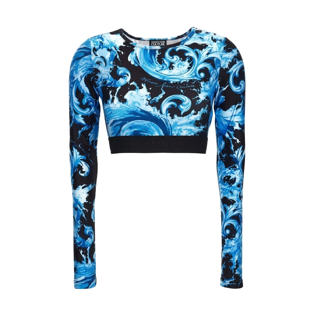 VERSACE JEANS COUTURE tops featuring blue baroque print available at Lestyle Boutique Melbourne
