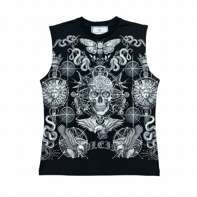 Philipp Plein sleeveless shirt featuring intricate skull and mystical designs available at Lestyle Boutique Melbourne