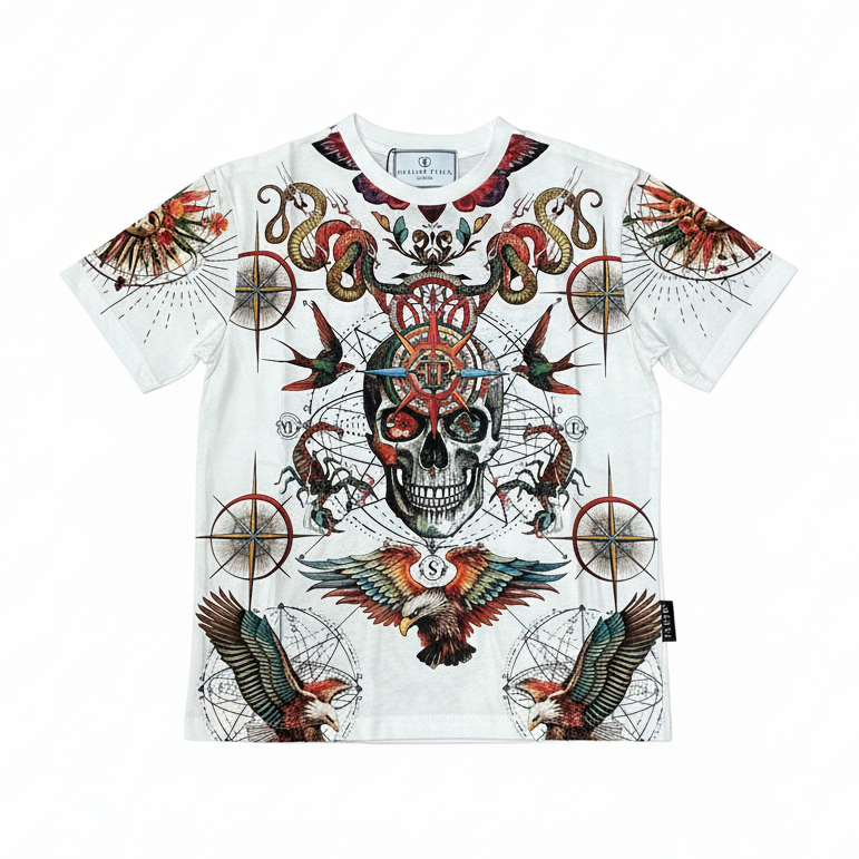 Philipp Plein Junior T-shirt boy featuring a skull and tattoo-inspired design available at Lestyle Boutique Melbourne