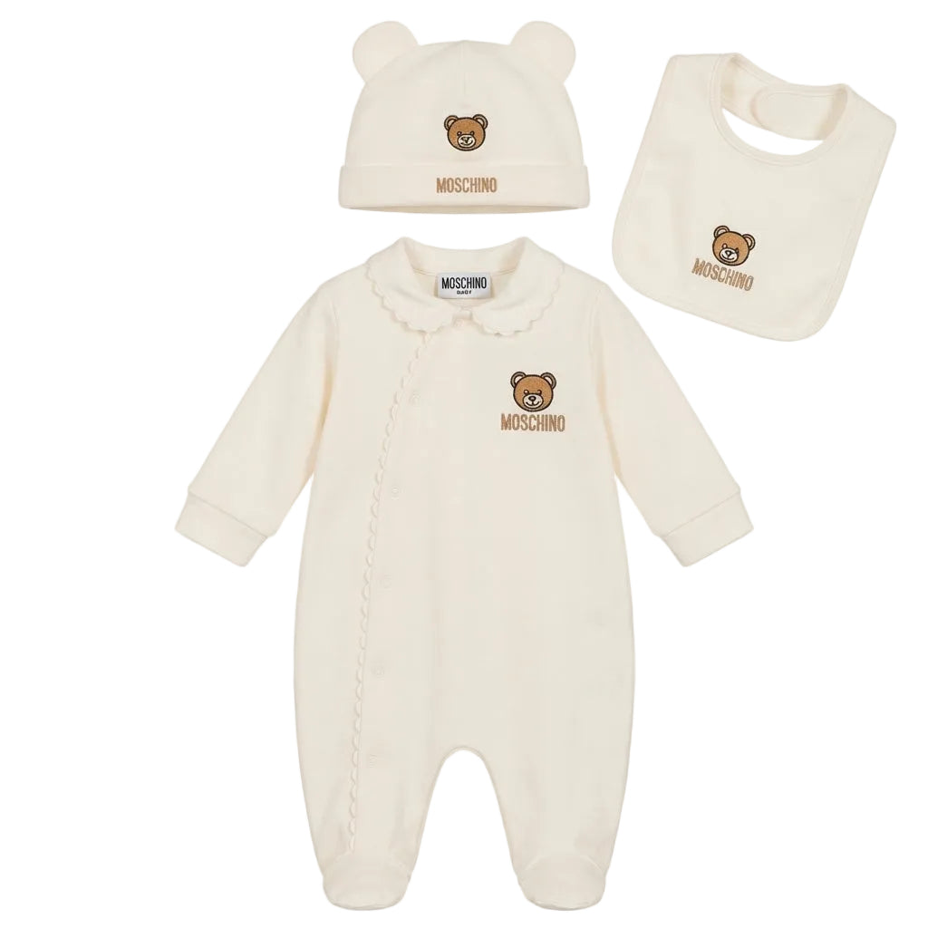 Moschino baby romper and hat featuring bear logo available at Lestyle Boutique Melbourne