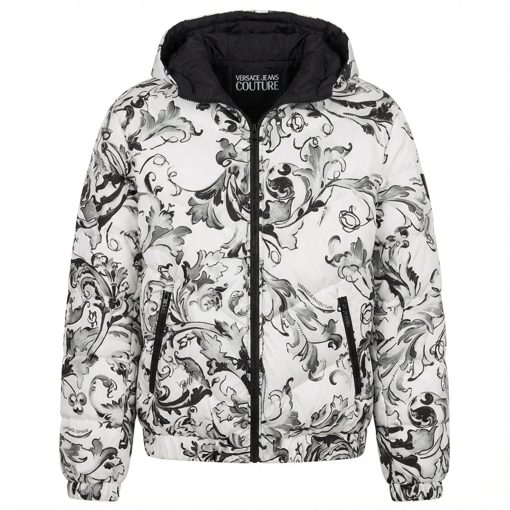 Versace Jeans Couture puffer jacket featuring black and white Barocco pattern available at Lestyle Boutique Melbourne