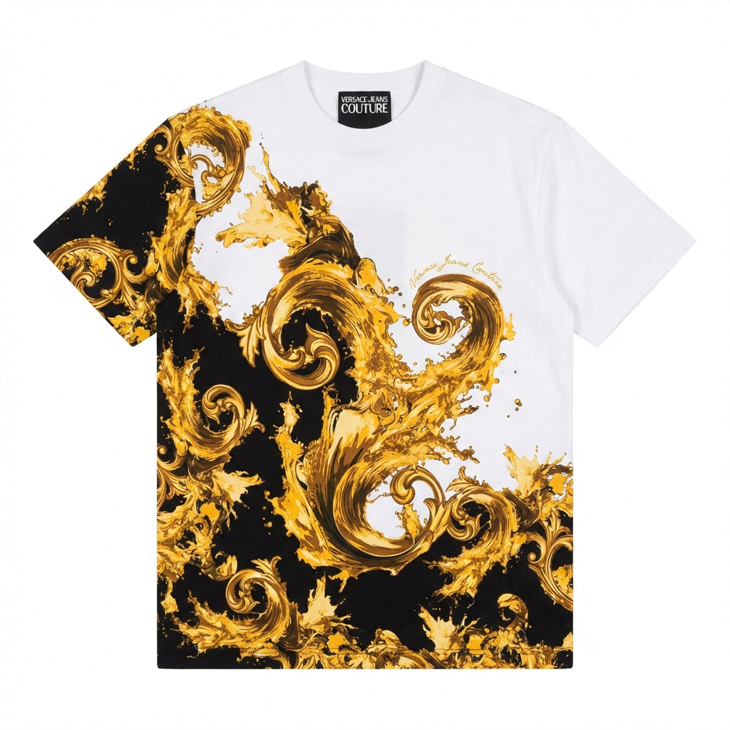 Versace Jeans Couture T-shirt featuring gold and black swirl design, available at Lestyle Boutique Melbourne