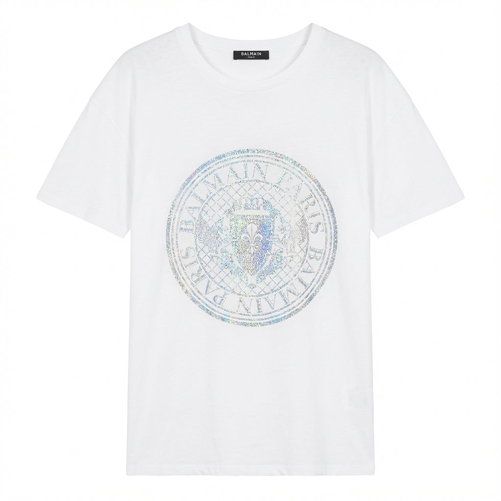 Balmain T-Shirt featuring holographic emblem available at Lestyle Boutique Melbourne
