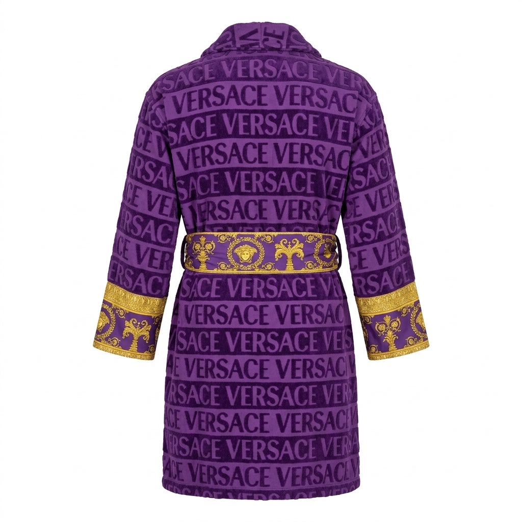 Versace bathrobe featuring bold logo print available at Lestyle Boutique Melbourne