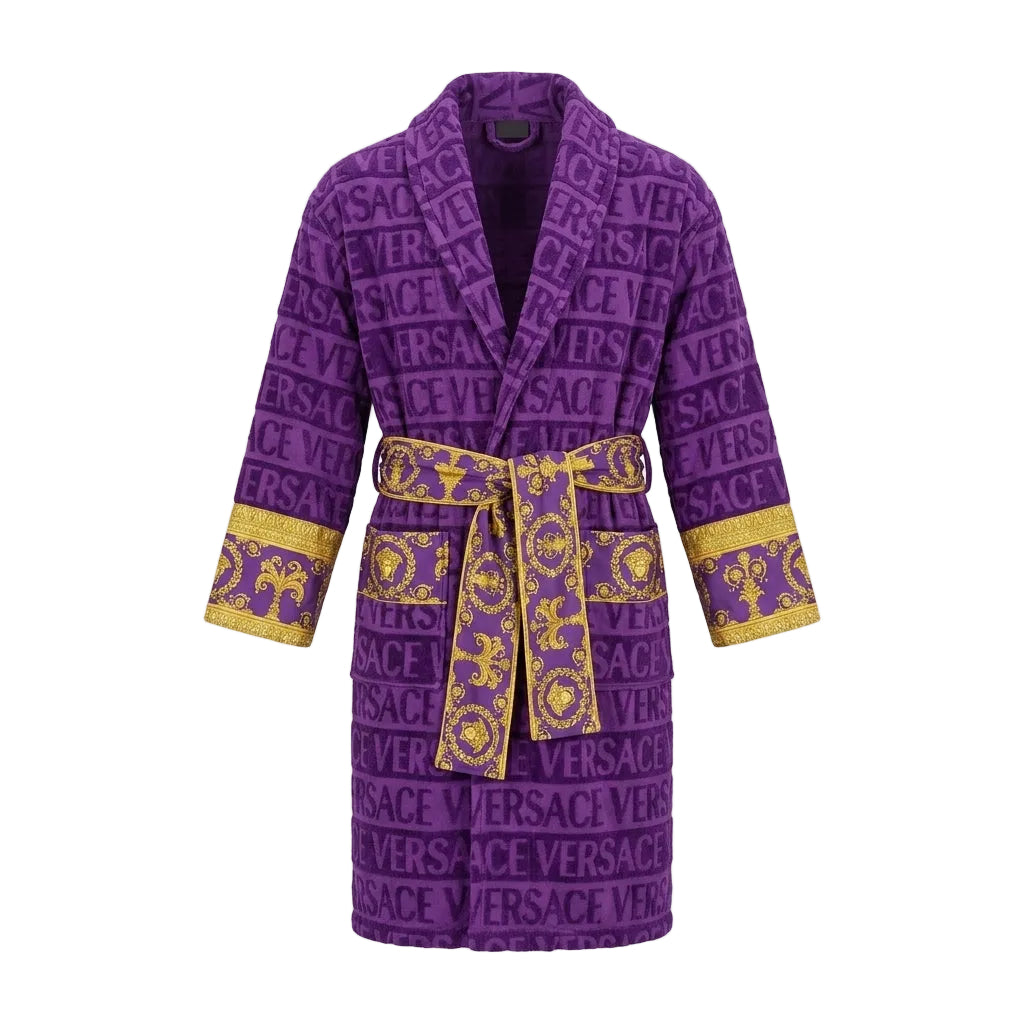 Versace bathrobe featuring bold logo print available at Lestyle Boutique Melbourne