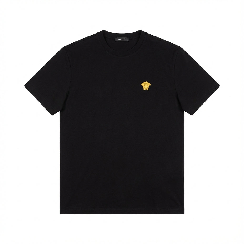 Versace men's black T-shirt featuring a yellow logo available at Lestyle Boutique Melbourne