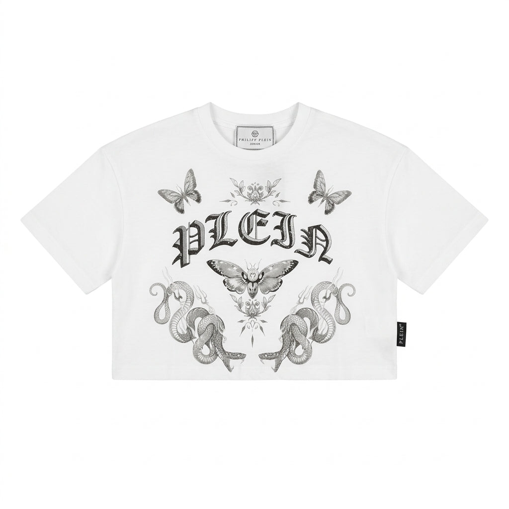 Philipp Plein junior girl T-shirt featuring butterfly and snake graphic available at Lestyle Boutique Melbourne